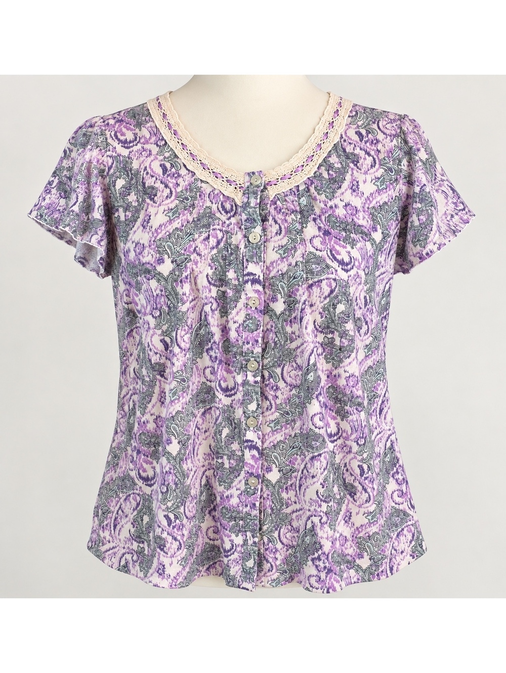 Secret Treasures Womens Small Paisley Pajama Top Lace Trim Button Front Purple